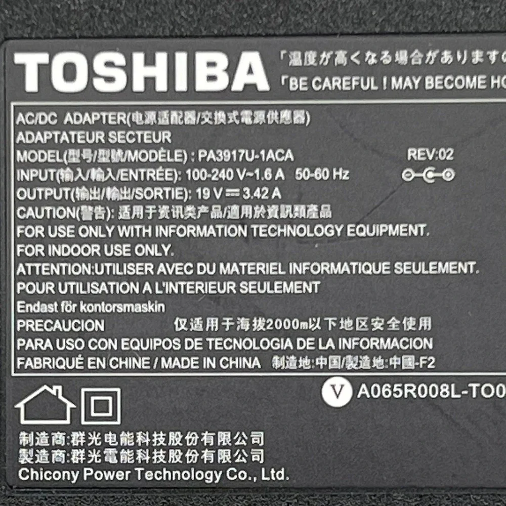 Toshiba Laptop AC Adapter OS 19V 3.42A Black Very Good PA3917U-1ACA 65W Charger